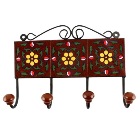 Tiny Flower Ceramic Tile Hook With Dark Brown